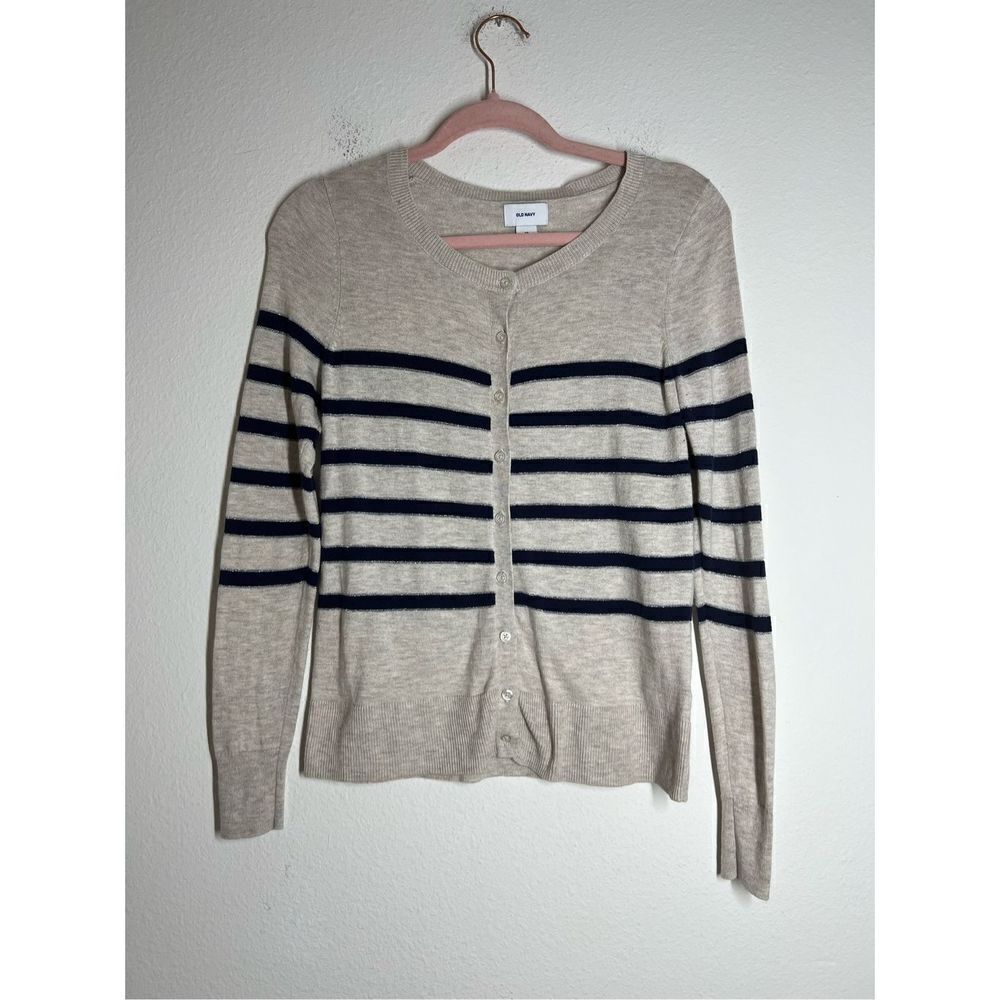 Old Navy Beige Navy Nautical Stripe Silver Lurex Accent Cardigan Sweater Size XS